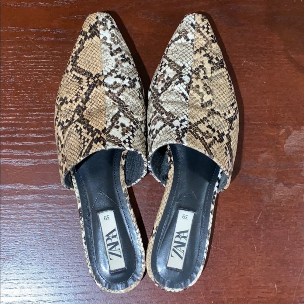 Zara Tan and Cream Snake Print Mules